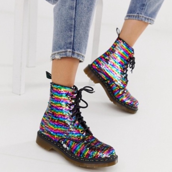 Dr. Martens Shoes - Dr. Martens 1460 Rainbow Sequins Silver Leather